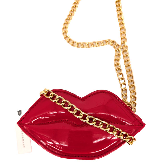 Anthropologie Glossy Red Patent Leather Lips Chain Strap Mini Handbag Retro Glam - Picture 7 of 14